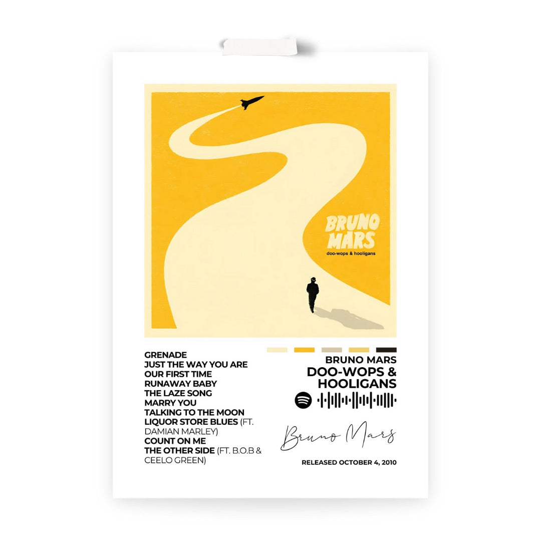 Bruno Mars – Doo-Wops &amp; Hooligans Feel the upbeat rhythms of Bruno Mars with this Doo-Wops &amp; Hooligans album cover poster. A vibrant addition that brings the album's infectious energy to your space.