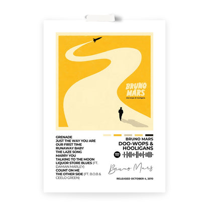 Bruno Mars – Doo-Wops &amp; Hooligans Feel the upbeat rhythms of Bruno Mars with this Doo-Wops &amp; Hooligans album cover poster. A vibrant addition that brings the album's infectious energy to your space.