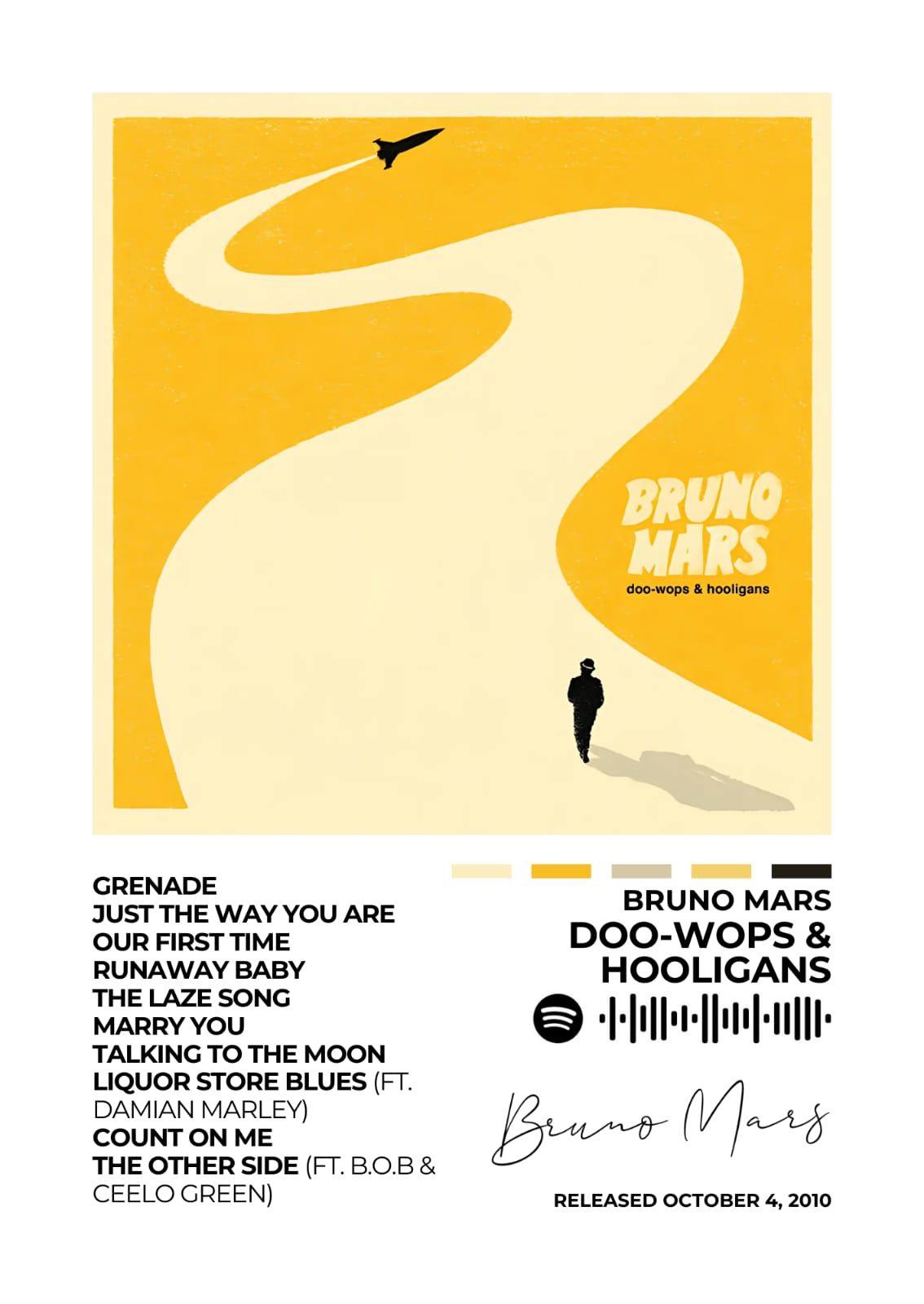 Bruno Mars – Doo-Wops &amp; Hooligans Feel the upbeat rhythms of Bruno Mars with this Doo-Wops &amp; Hooligans album cover poster. A vibrant addition that brings the album's infectious energy to your space.
