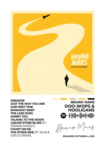 Bruno Mars – Doo-Wops &amp; Hooligans Feel the upbeat rhythms of Bruno Mars with this Doo-Wops &amp; Hooligans album cover poster. A vibrant addition that brings the album's infectious energy to your space.