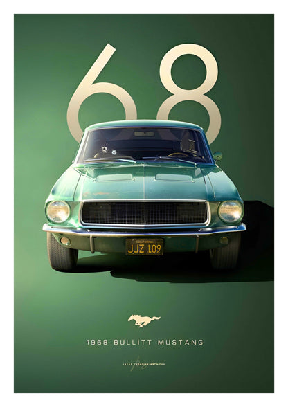 Candid Apricot presents Classic 1968 Bullitt Mustang automotive poster and frame.