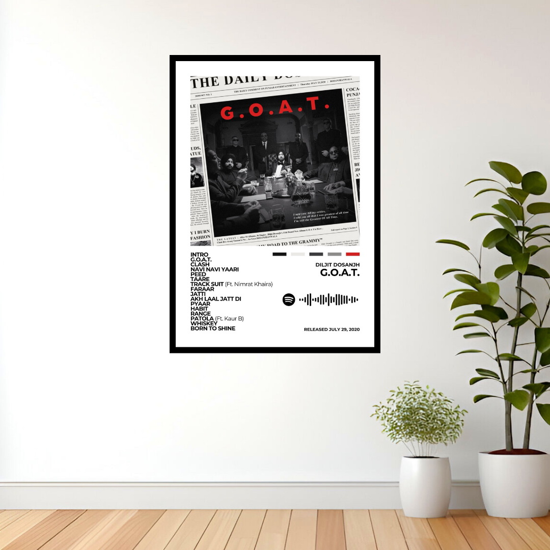 Celebrate the global success of G.O.A.T. with this striking album cover poster. A tribute to Diljit Dosanjh’s powerful vocals, Punjabi pride, and unstoppable energy.