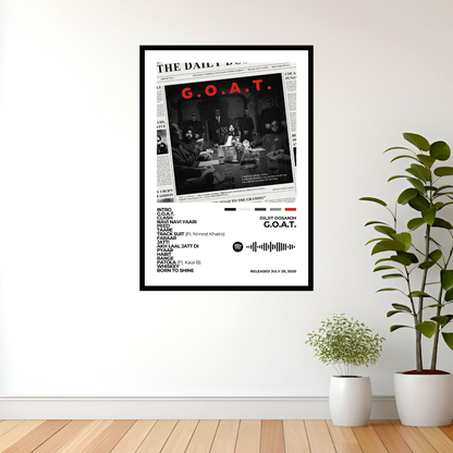 Celebrate the global success of G.O.A.T. with this striking album cover poster. A tribute to Diljit Dosanjh’s powerful vocals, Punjabi pride, and unstoppable energy.