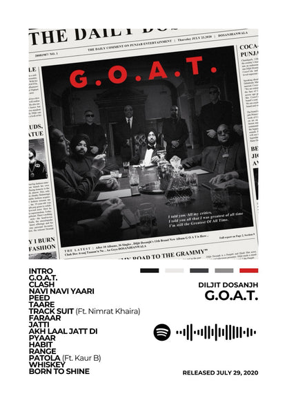 Celebrate the global success of G.O.A.T. with this striking album cover poster. A tribute to Diljit Dosanjh’s powerful vocals, Punjabi pride, and unstoppable energy.
