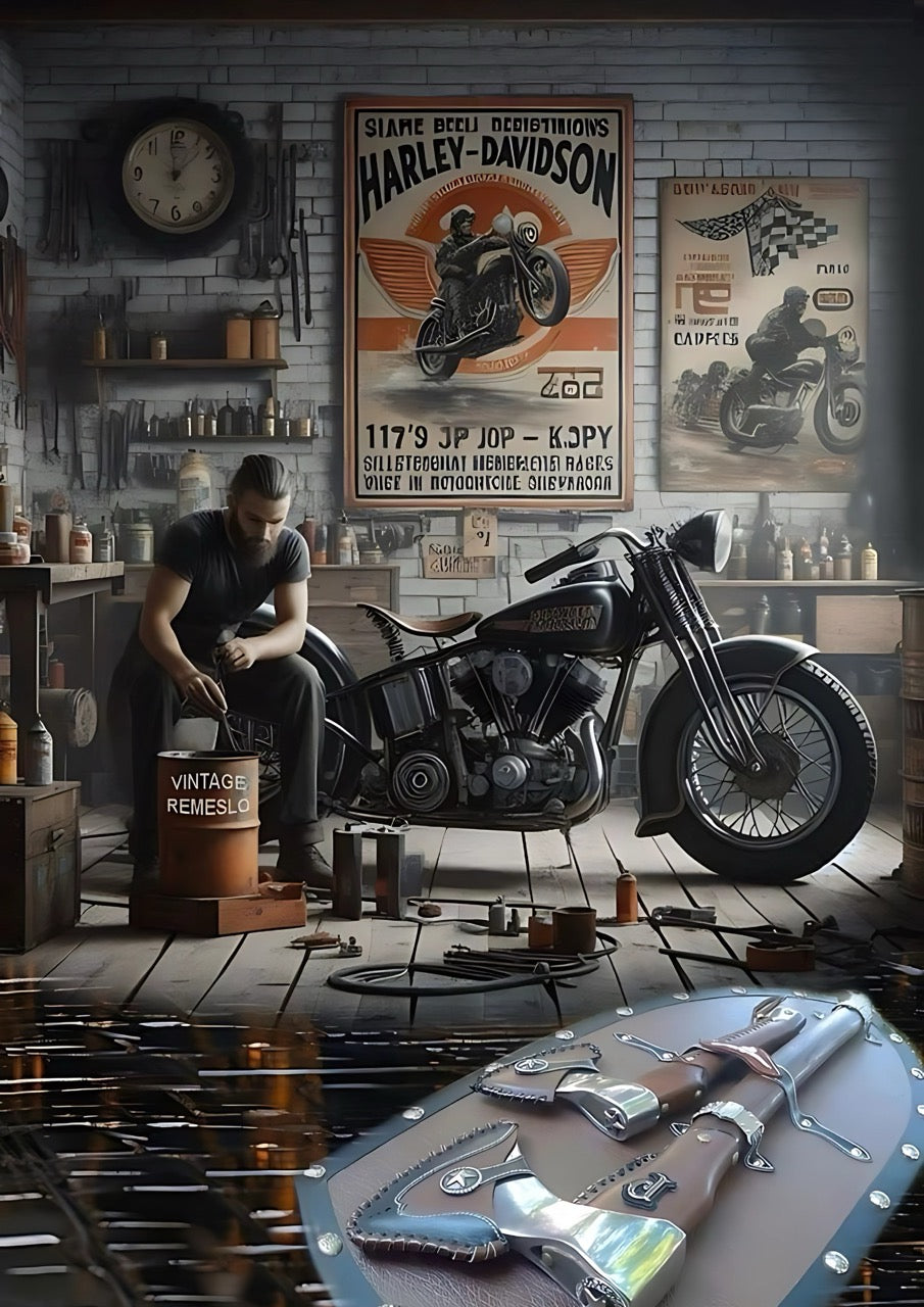 Candid Apricot presents Harley Davidson Workshop automotive poster and frame.
