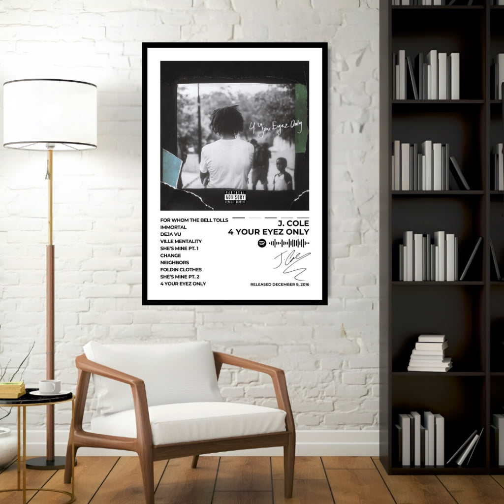 J. Cole '4 Your Eyez Only' album poster, crafted with high-quality print and a sturdy frame. Perfect for home decor and inspiration, this premium-quality HD print adds a stylish vibe to any space. A must-have for hip-hop lovers!