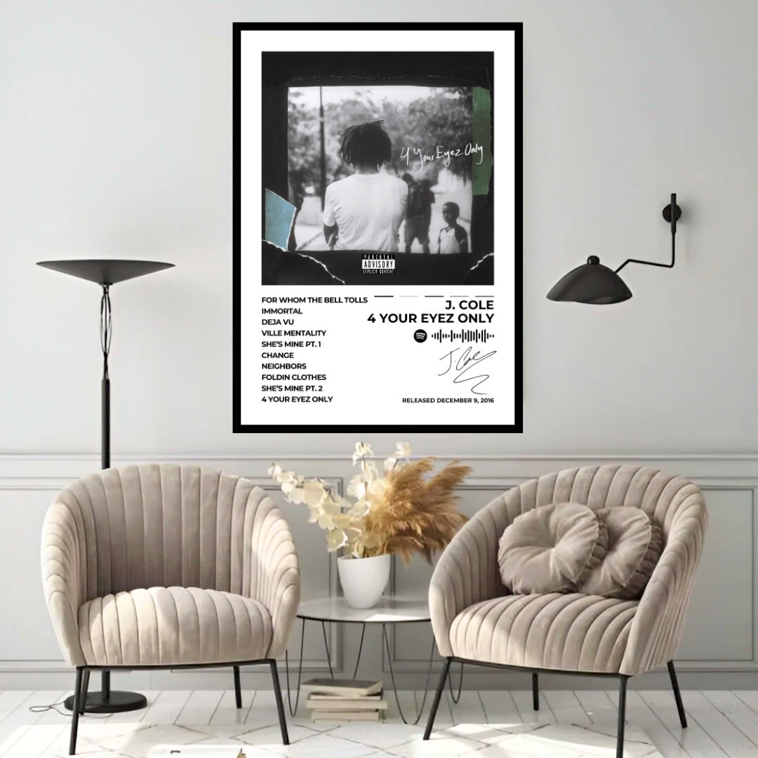 J. Cole '4 Your Eyez Only' album poster, crafted with high-quality print and a sturdy frame. Perfect for home decor and inspiration, this premium-quality HD print adds a stylish vibe to any space. A must-have for hip-hop lovers!