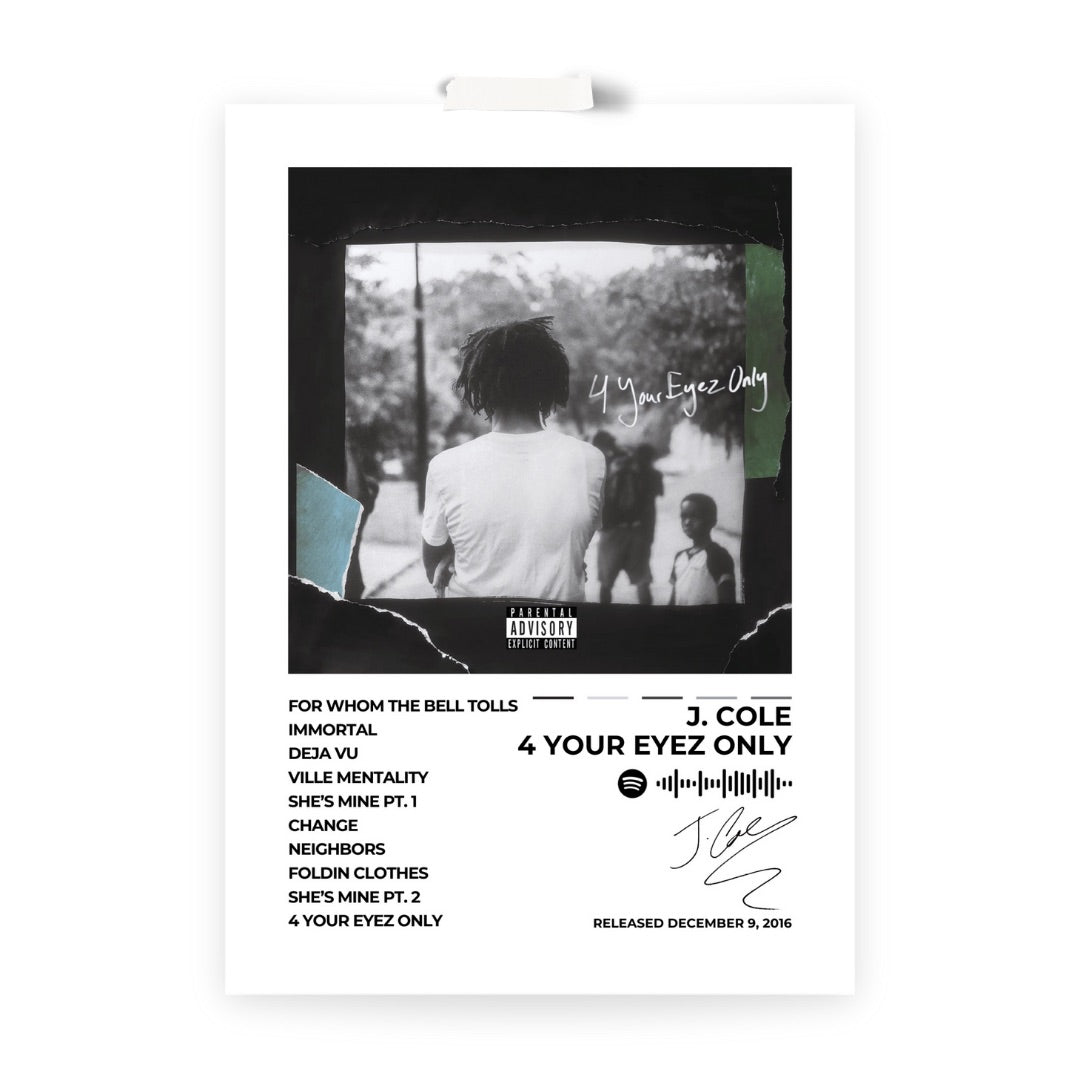 J. Cole '4 Your Eyez Only' album poster, crafted with high-quality print and a sturdy frame. Perfect for home decor and inspiration, this premium-quality HD print adds a stylish vibe to any space. A must-have for hip-hop lovers!