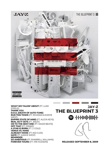 JAY-Z - The Blueprint 3&nbsp;- Celebrate hip-hop excellence with this The Blueprint 3 album cover poster. Featuring the iconic stacked instruments design, this piece represents JAY-Z’s legendary influence on the genre. A must-have for rap enthusiasts and music collectors.