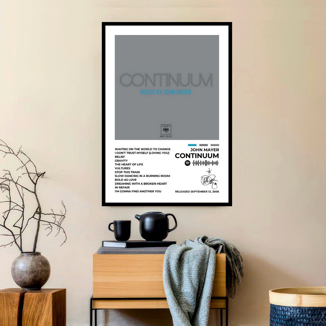 JOHN MAYER - Continuum&nbsp;- Immerse yourself in the soulful and introspective vibes of Continuum with this sleek album cover poster. A perfect piece for fans of John Mayer’s timeless guitar melodies and heartfelt lyrics.