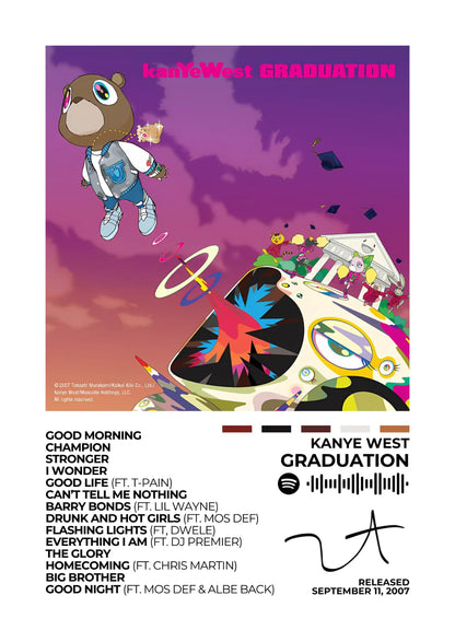 Kanye West – Graduation Celebrate Kanye West's artistic brilliance with this Graduation album cover poster. Featuring the vibrant and iconic artwork, it's essential for any hip-hop art collection. Choose from a poster and framed option, available in various sizes.