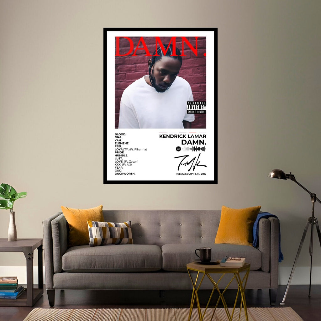 Kendrick Lamar 'DAMN' album artwork, featured as a bold and stylish framed poster. Perfect for home decor and inspiration, this premium-quality HD print adds a stylish vibe to any space. A must-have for fans of powerful lyricism and storytelling!