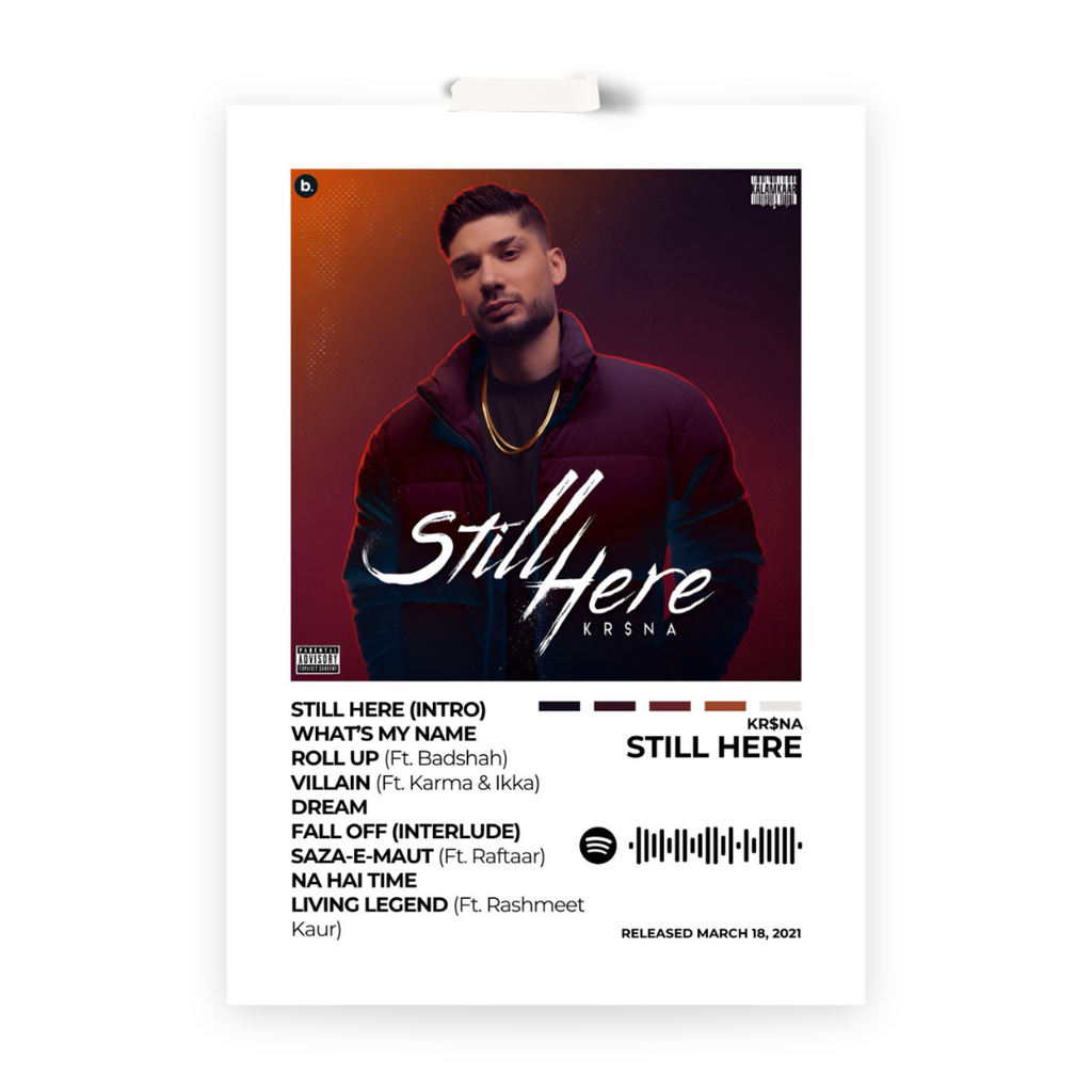 Experience the grit and lyricism of Still Here with this powerful album cover poster. A tribute to KR$NA’s hard-hitting bars, raw storytelling, and undeniable impact on the hip-hop scene.