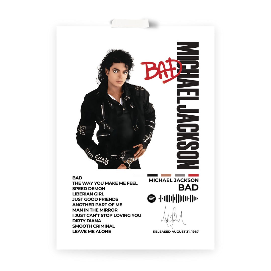 MICHAEL JACKSON - Bad - Celebrate the King of Pop with this iconicBad album cover poster. Featuring Michael Jackson’s legendary style and electrifying presence, this piece is a must-have for true MJ fans.