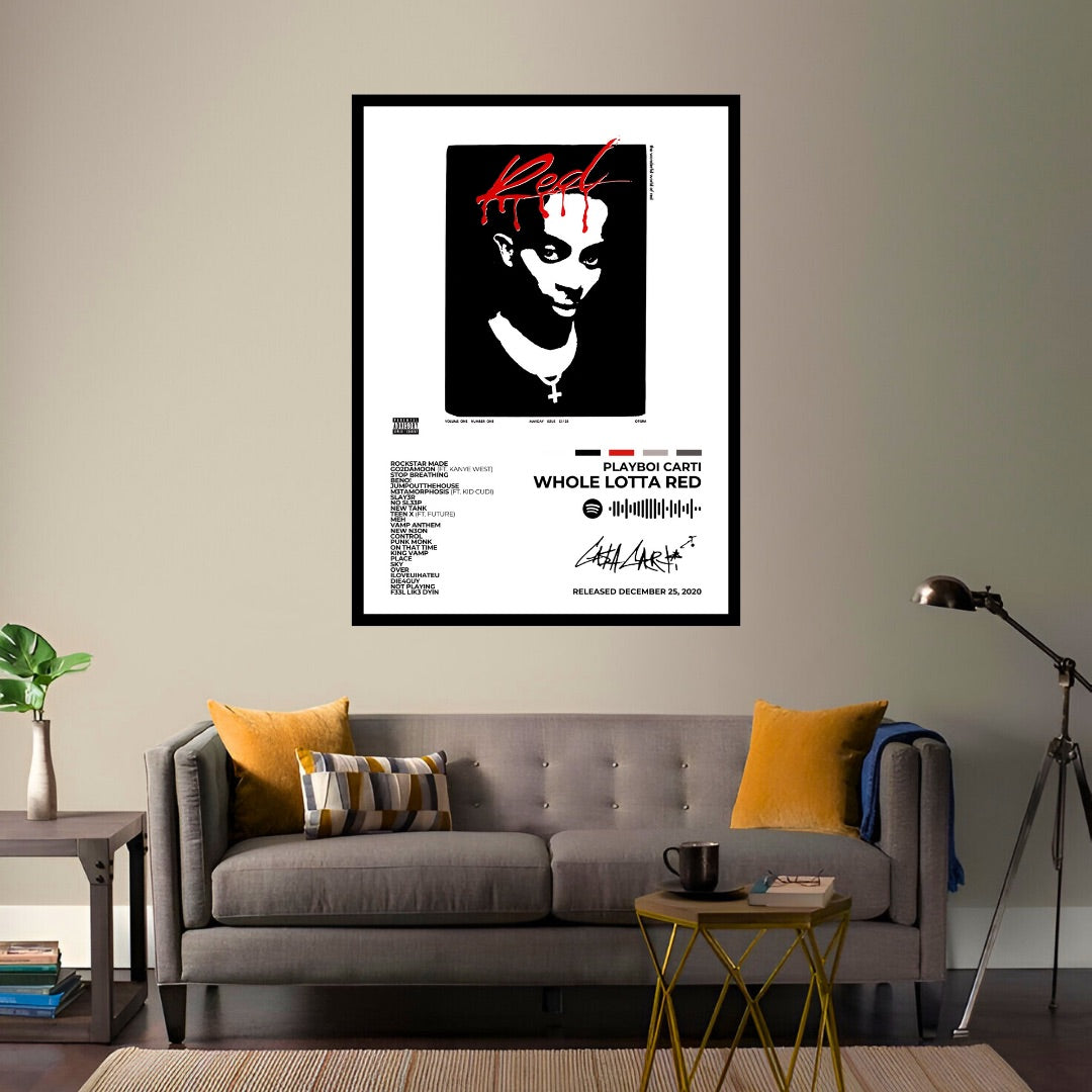 PLAYBOI CARTI - Whole Lotta Red&nbsp; - Bring the bold energy of Whole Lotta Red to your space with this striking album cover poster. Featuring Playboi Carti’s rebellious aesthetic and punk-inspired visuals, this piece is a must-have for fans of his dynamic sound.