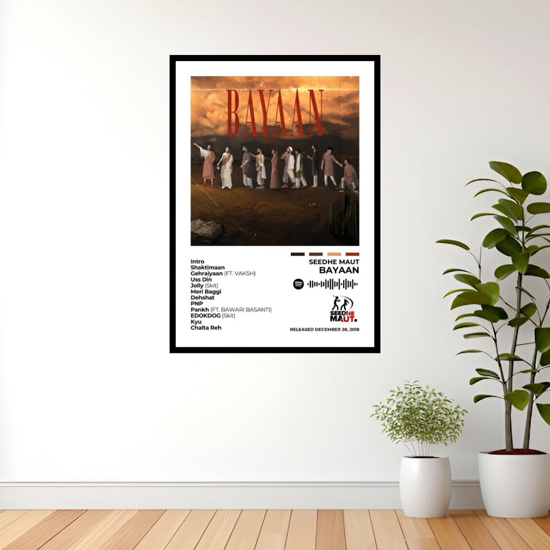Experience the raw intensity of Bayaan with this powerful album cover poster. A tribute to Seedhe Maut’s hard-hitting lyricism, unapologetic storytelling, and undeniable impact on the hip-hop scene.