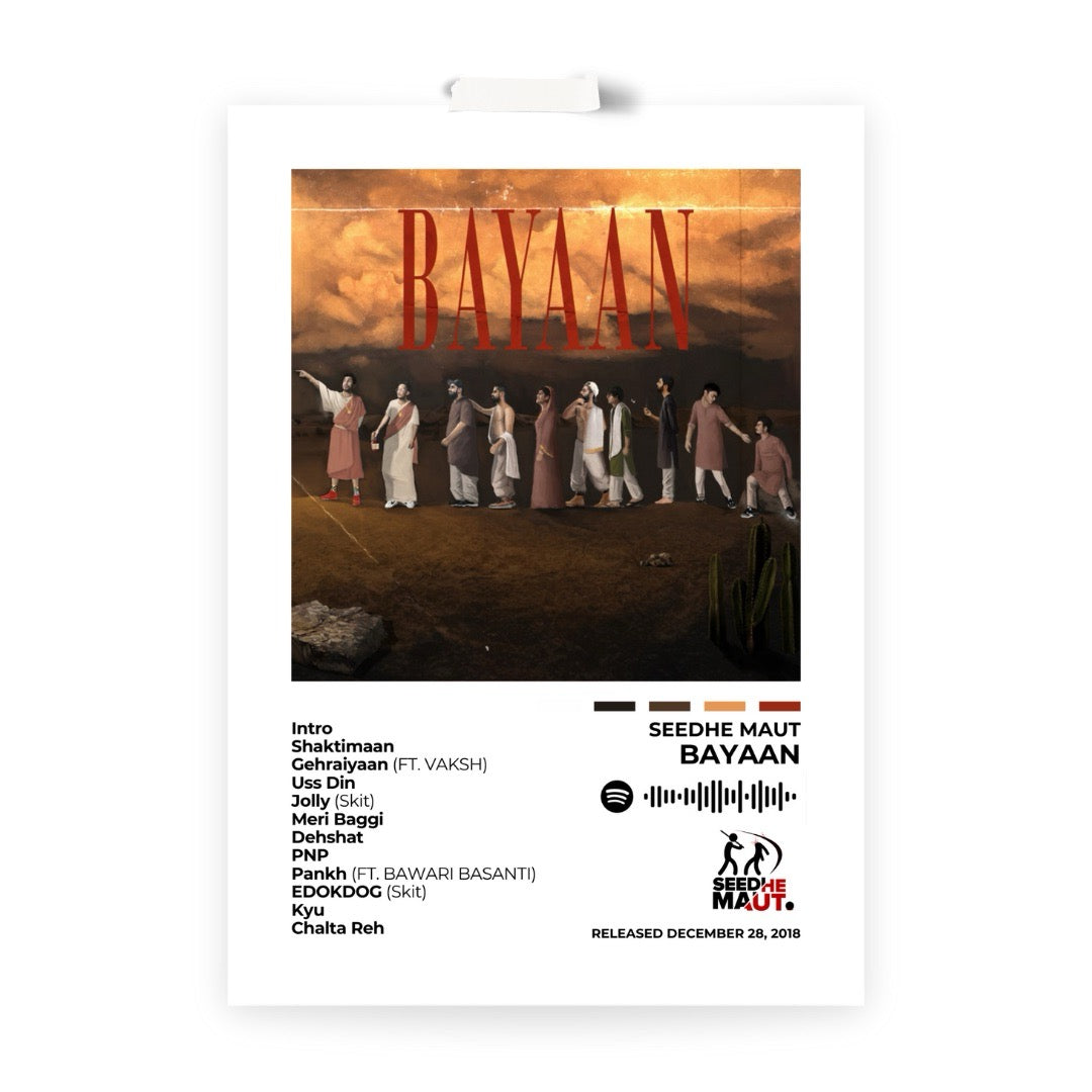 Experience the raw intensity of Bayaan with this powerful album cover poster. A tribute to Seedhe Maut’s hard-hitting lyricism, unapologetic storytelling, and undeniable impact on the hip-hop scene.