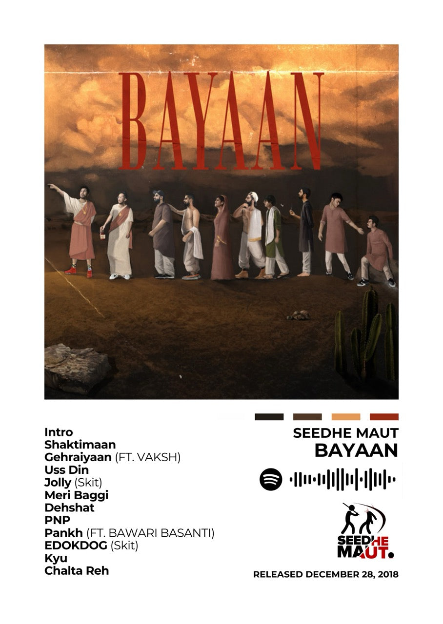 Experience the raw intensity of Bayaan with this powerful album cover poster. A tribute to Seedhe Maut’s hard-hitting lyricism, unapologetic storytelling, and undeniable impact on the hip-hop scene.
