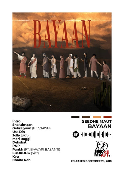 Experience the raw intensity of Bayaan with this powerful album cover poster. A tribute to Seedhe Maut’s hard-hitting lyricism, unapologetic storytelling, and undeniable impact on the hip-hop scene.