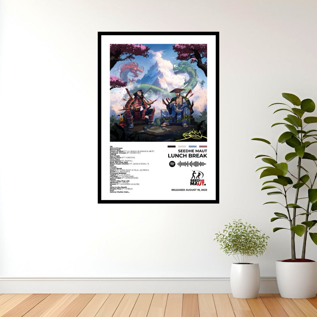 Dive into the high-energy vibes of Lunch Break with this electrifying album cover poster. A tribute to Seedhe Maut’s sharp lyricism, hard-hitting beats, and relentless hustle in the hip-hop scene.