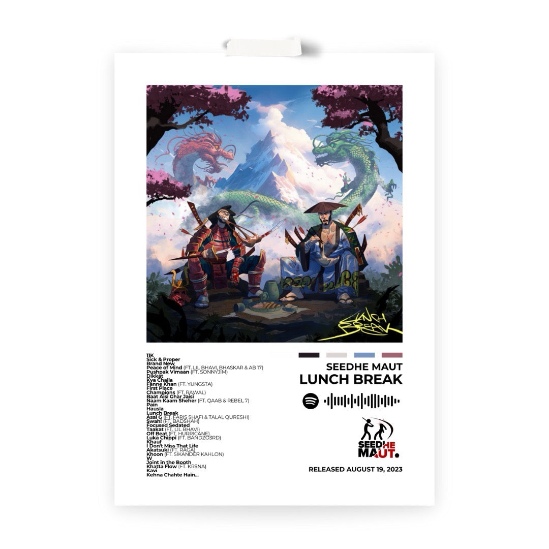 Dive into the high-energy vibes of Lunch Break with this electrifying album cover poster. A tribute to Seedhe Maut’s sharp lyricism, hard-hitting beats, and relentless hustle in the hip-hop scene.