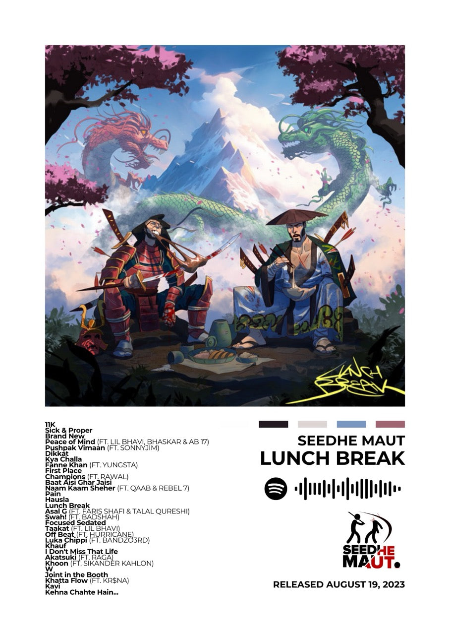 Dive into the high-energy vibes of Lunch Break with this electrifying album cover poster. A tribute to Seedhe Maut’s sharp lyricism, hard-hitting beats, and relentless hustle in the hip-hop scene.
