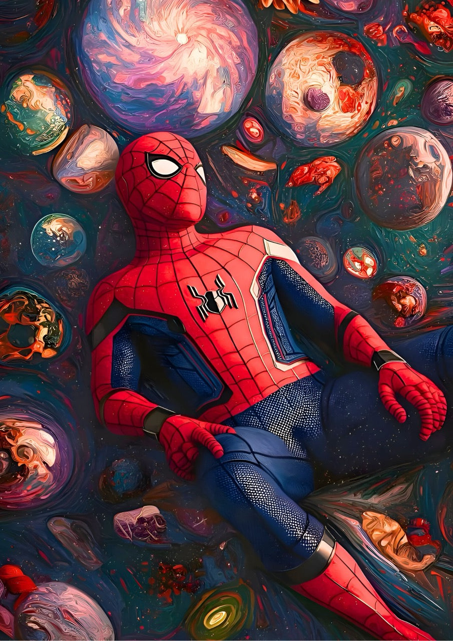  Candid Apricot presents Spider-Man and Cosmic Orbs Art movie poster and frame.