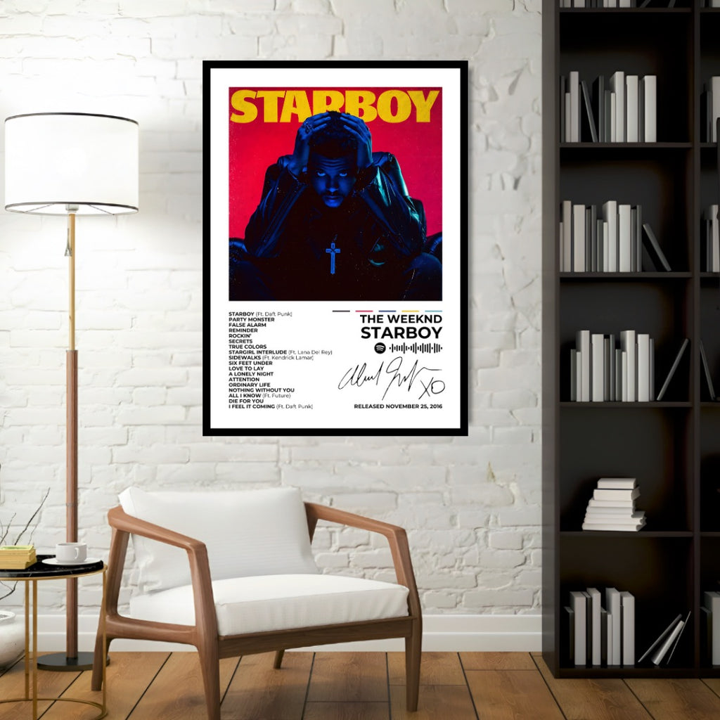 The Weeknd 'Starboy' album cover, available as a high-resolution poster with a sturdy frame. Perfect for home decor and inspiration, this premium-quality HD print adds a stylish vibe to any space. A must-have for fans!